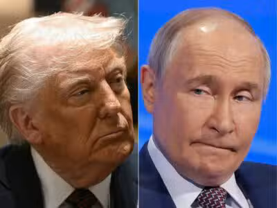 (COMBO) This combination of pictures created on March 30, 2025 shows US President Donald Trump at the White House on March 24, 2025, in Washington, DC and Russian President Vladimir Putin in Moscow on March 18, 2025. Trump on March 30, 2025, said he was 