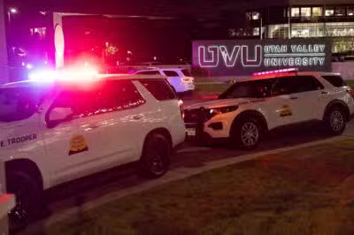 Emergency vehicles are seen outside Utah Valley University, placed on lockdown after youth activist and influencer Charlie Kirk was shot during a public event, in Orem, Utah, on September 10, 2025. Right-wing youth activist and influencer Charlie Kirk, a major ally of President Donald Trump, was shot dead September 10 in a 
