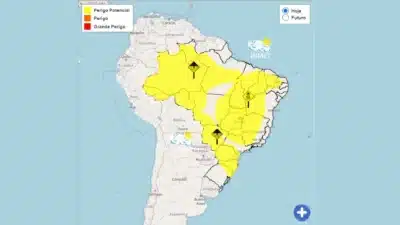 Chuvas fortes e risco de perigo no Brasil com alertas do órgão meteorológico